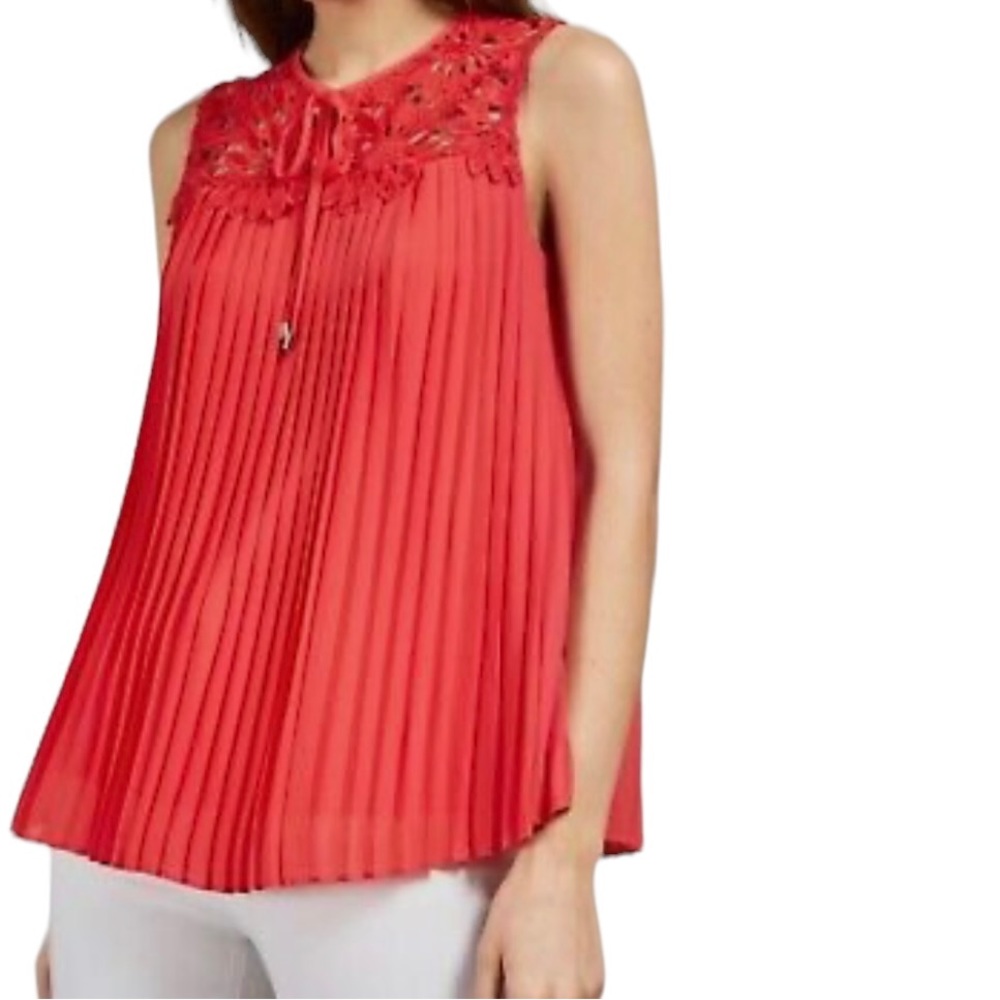 Ted Baker Coral "Sherbey"Pleated Lace Detail Sleeveless Blouse 4 Like New